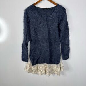 Qed London Fuzzy Blue Sweater with Lace Trim Size Small/Medium